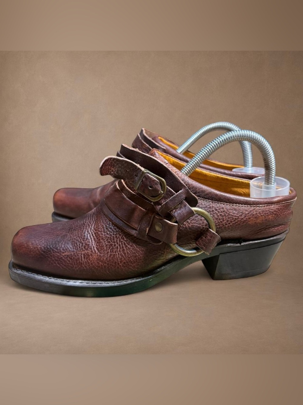 Frye Brown Leather Mules Clogs Ankle Boots Western Vintag